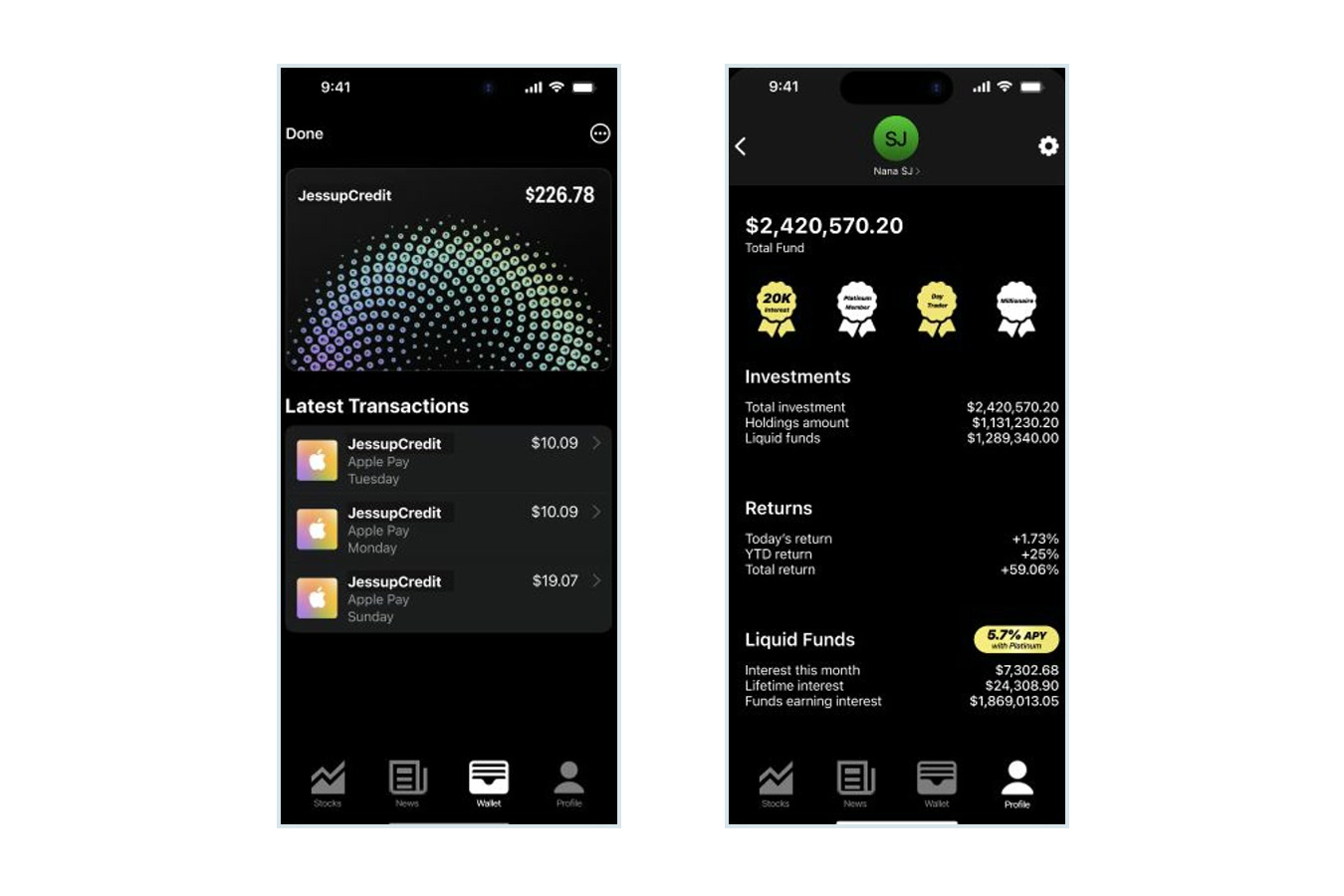 Finance App wallet and portfolio-profile screens
